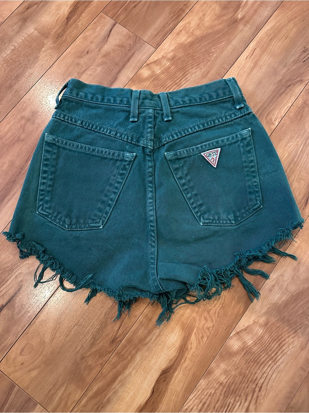 Vintage Guess Georges Marciano Green Frayed Denim Shorts Size 26 USA High Rise F